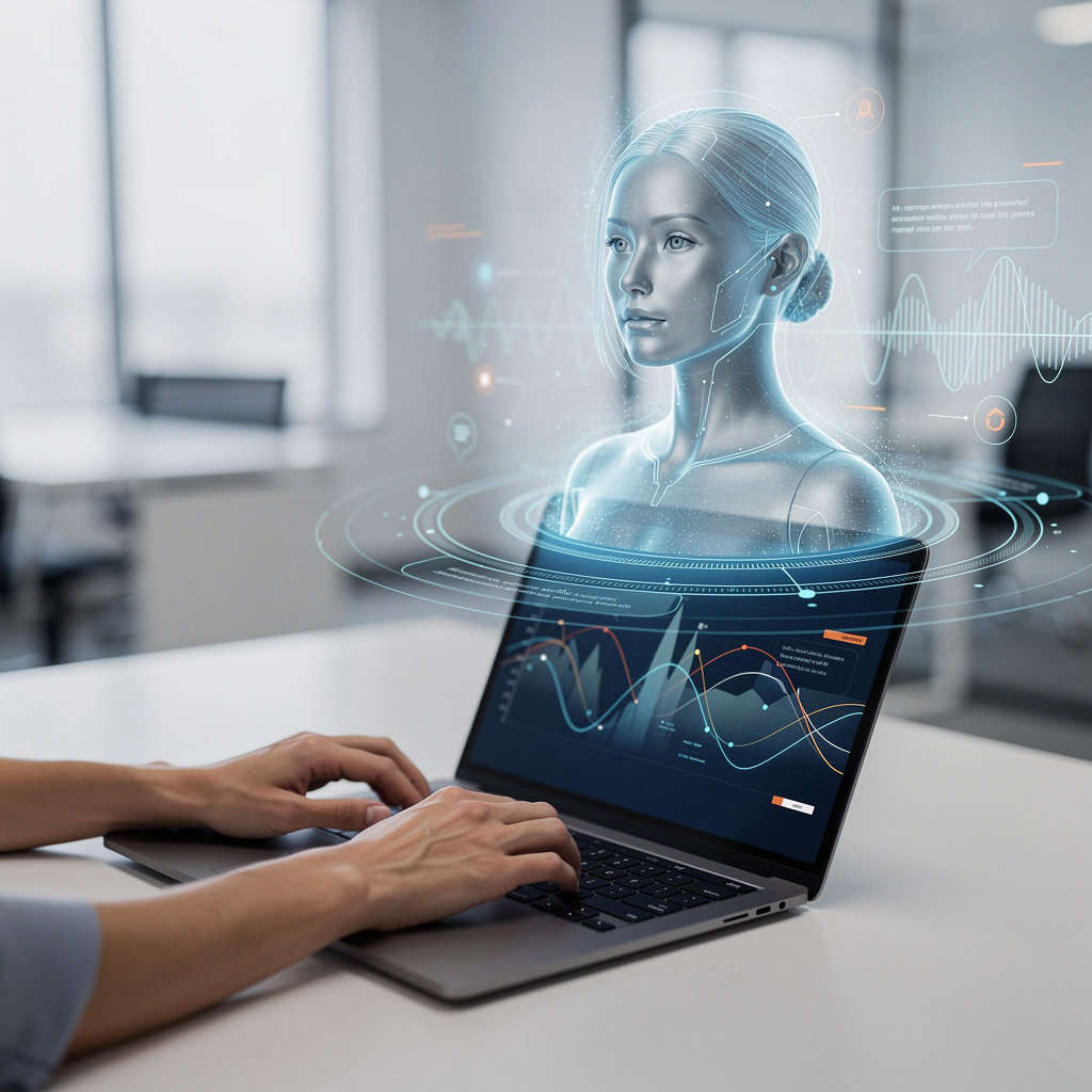 Aide Brasil avatar holográfico realista para website com expressões faciais naturais e comportamento human-like